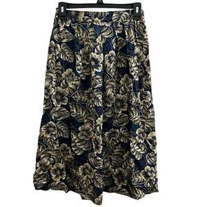 Vintage 80s 90s Panther Navy Crem Floral Batik Pleated Midi Skirt 8P MP Fall